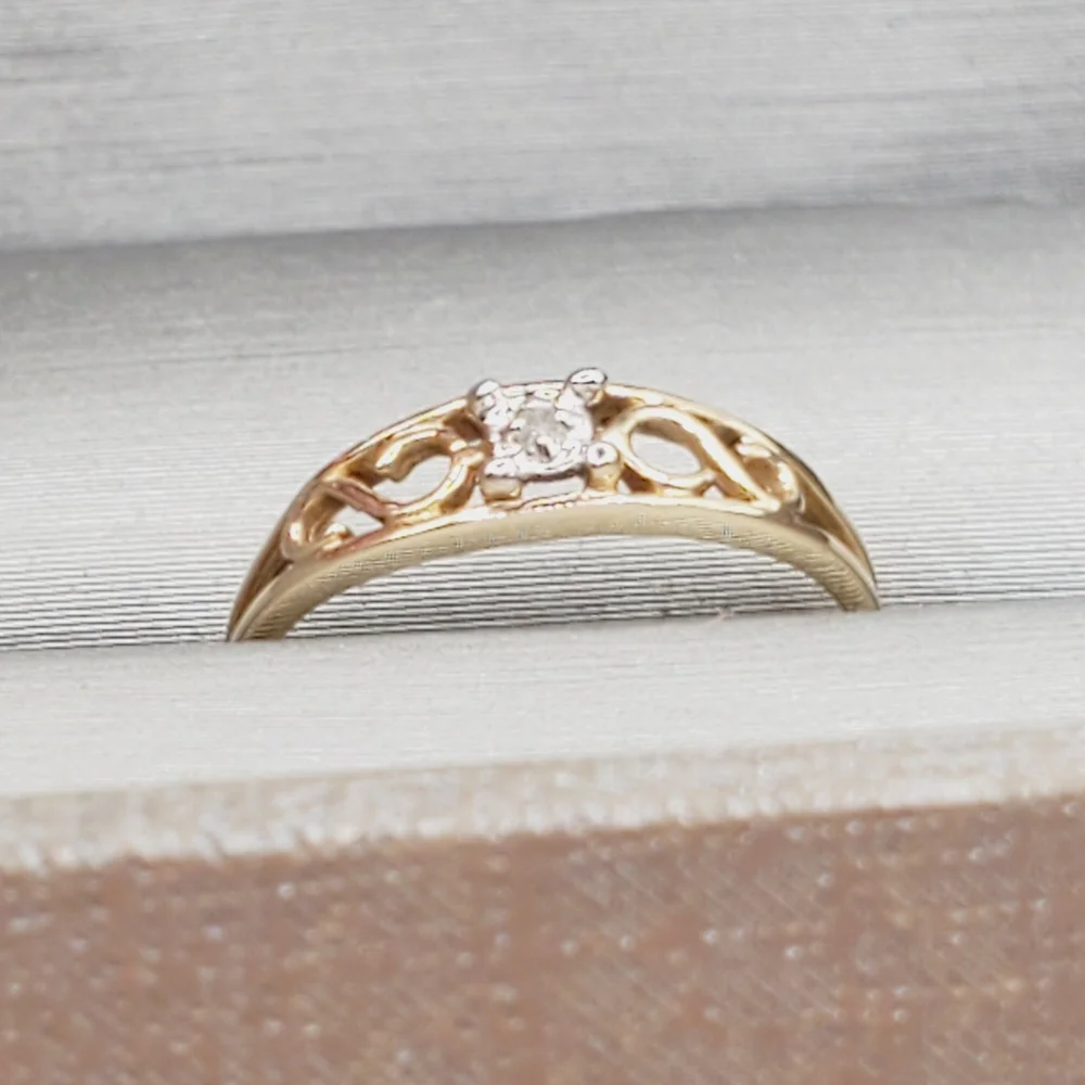 10K Yellow Gold Scroll Diamond Accent Ring - Tiny Baby Ring Knuckle Ring